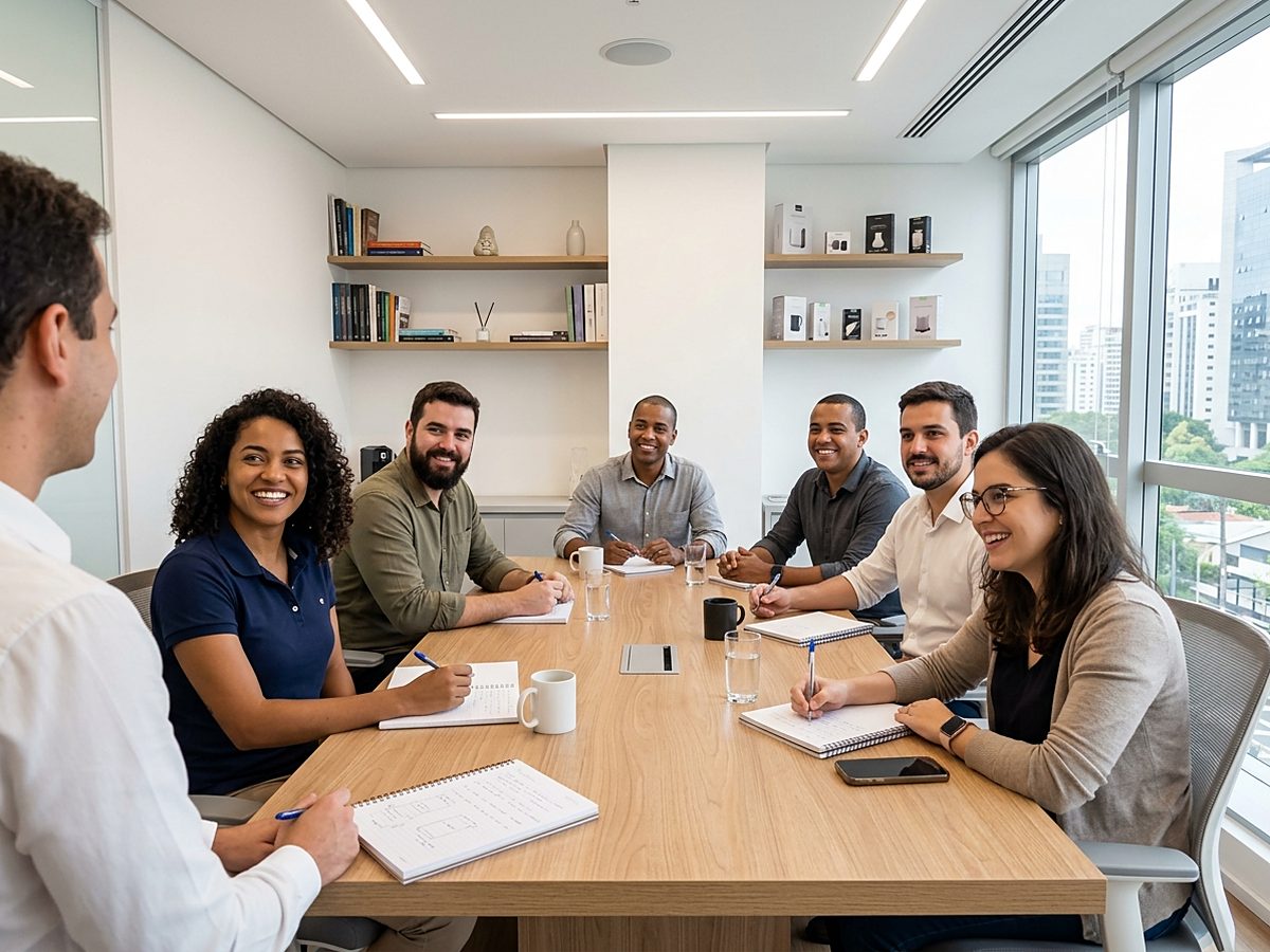 Time em sala de treinamento, atento a quem conduz